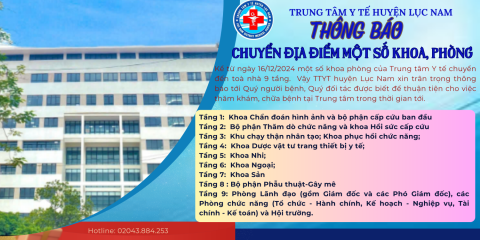 THÔNG BÁO CHUYỂN ĐỊA ĐIỂM CỦA MỘT SỐ KHOA PHÒNG SANG KHU NHÀ 9 TẦNG CỦA TRUNG TÂM Y TẾ HUYỆN LỤC NAM